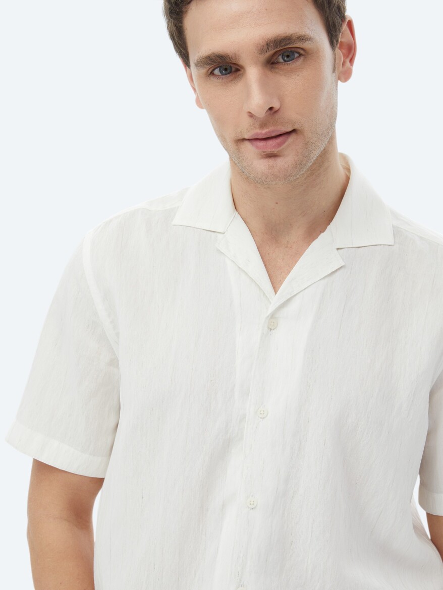 Ecru Regular Fit Weaving Classical Linen Blended Shirt - 8