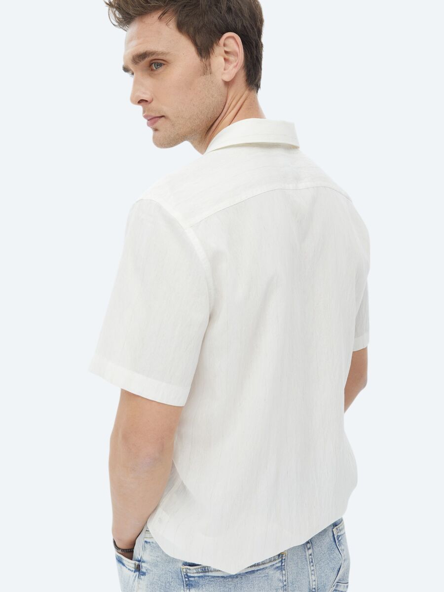 Ecru Regular Fit Weaving Classical Linen Blended Shirt - 12