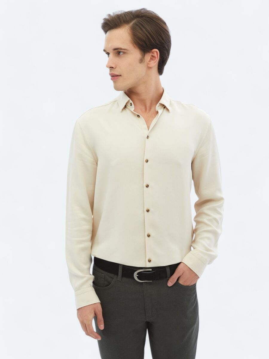 Ecru Ribbed Regular Fit Long Weaving Casual Shirt - 1