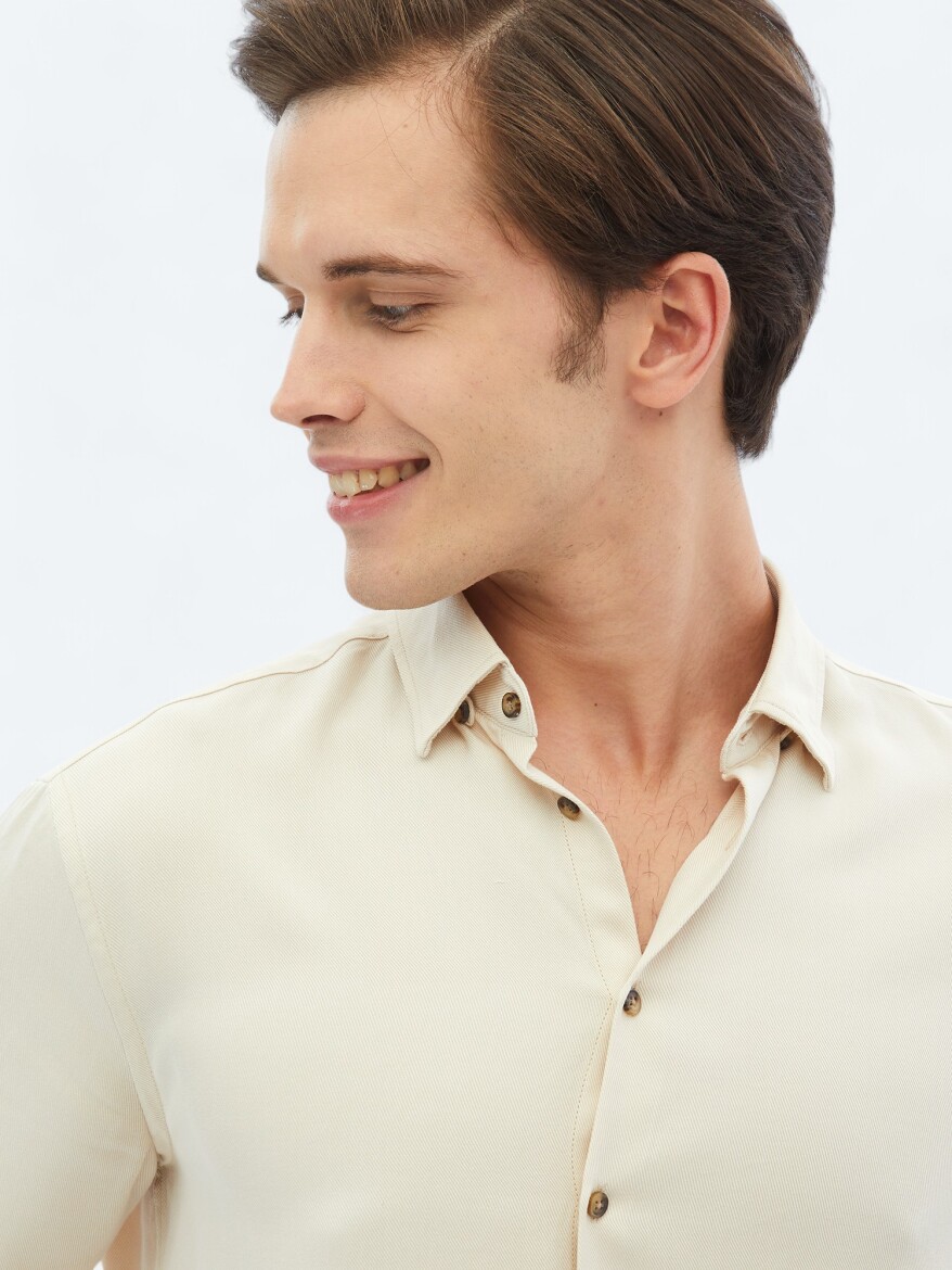 Ecru Ribbed Regular Fit Long Weaving Casual Shirt - 3