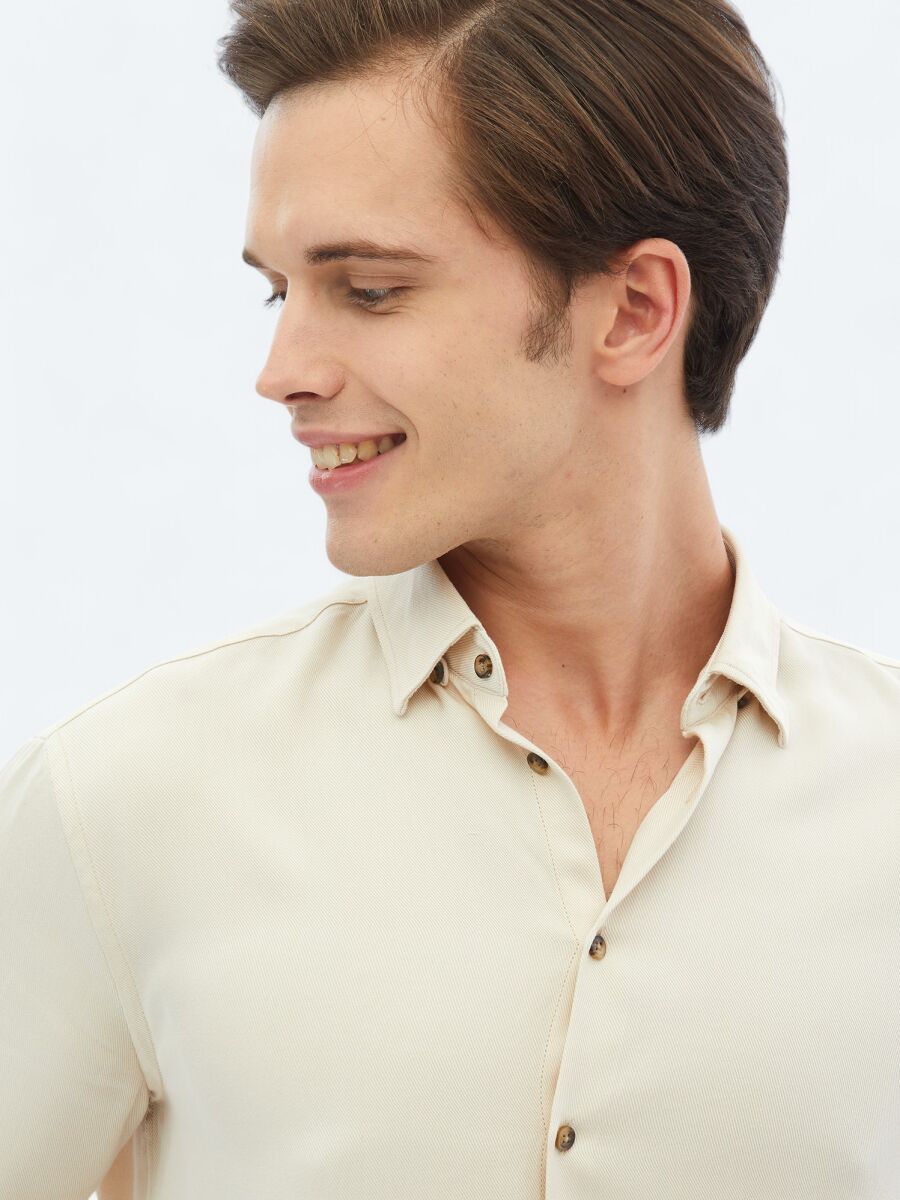 Ecru Ribbed Regular Fit Long Weaving Casual Shirt - 3