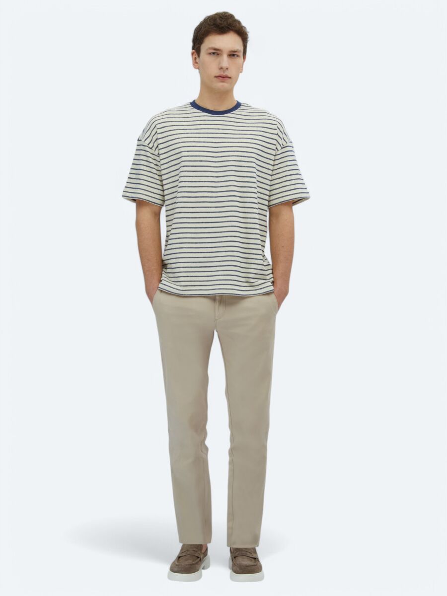 Ecru Striped Crew Neck 100% Cotton T-Shirt - 2