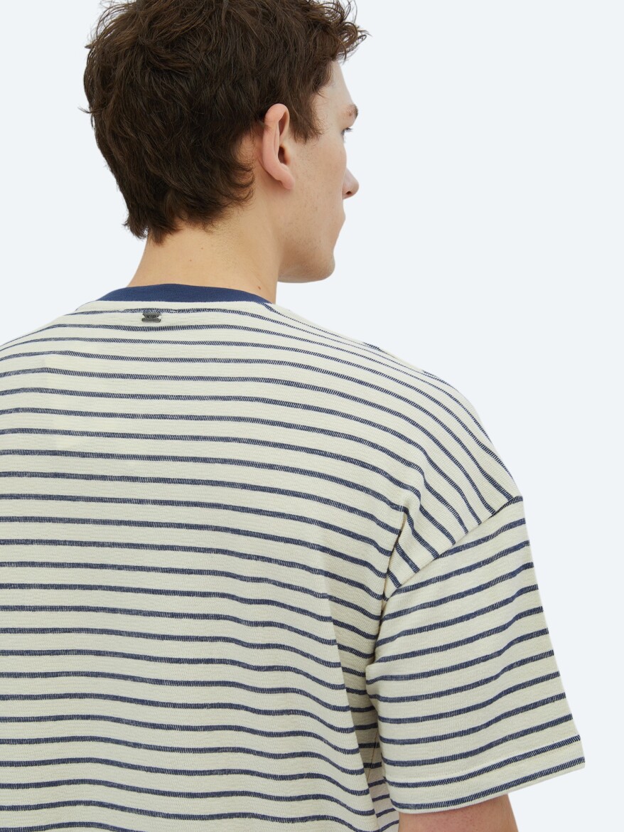 Ecru Striped Crew Neck 100% Cotton T-Shirt - 5