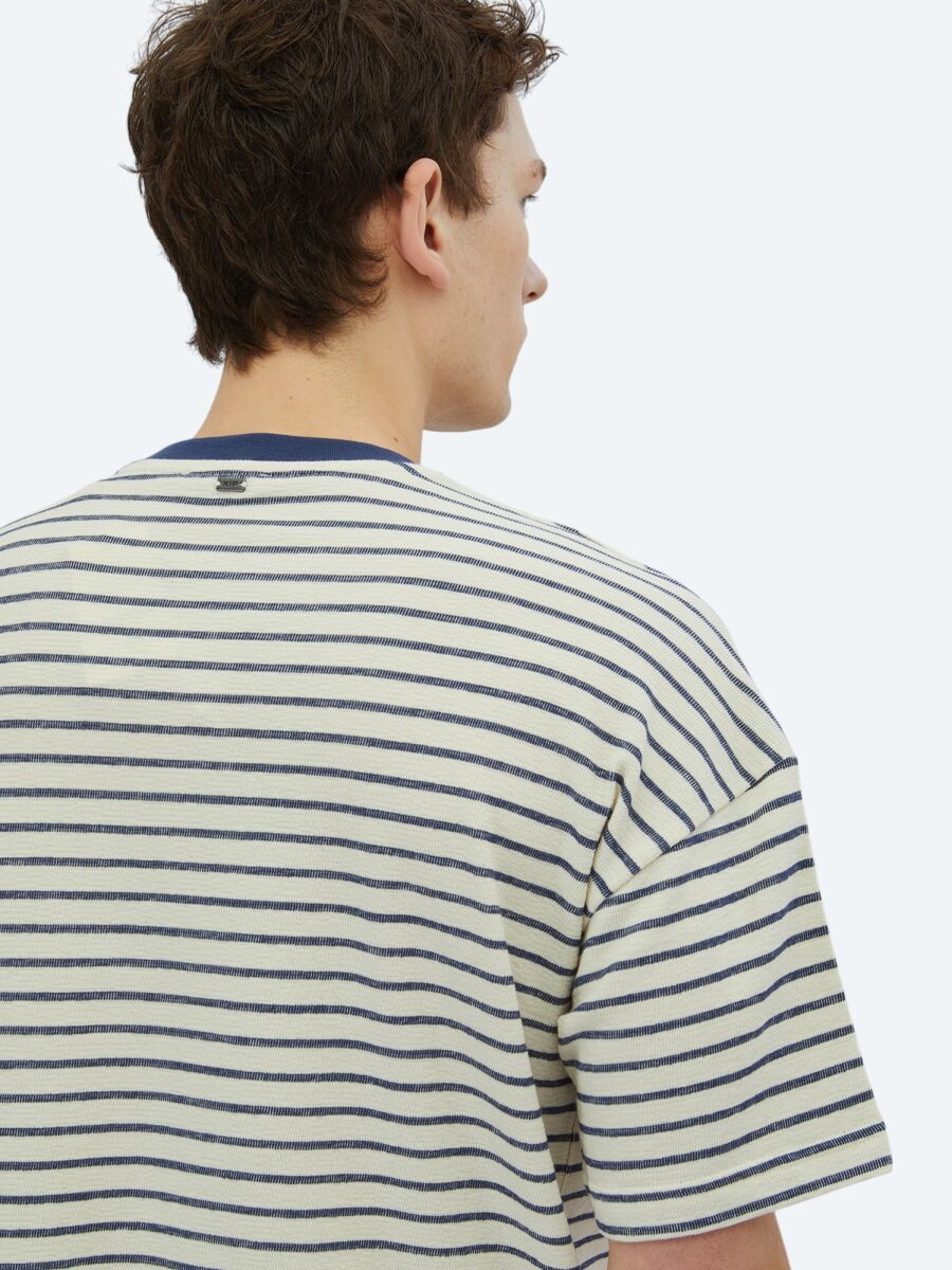 Ecru Striped Crew Neck 100% Cotton T-Shirt - 5