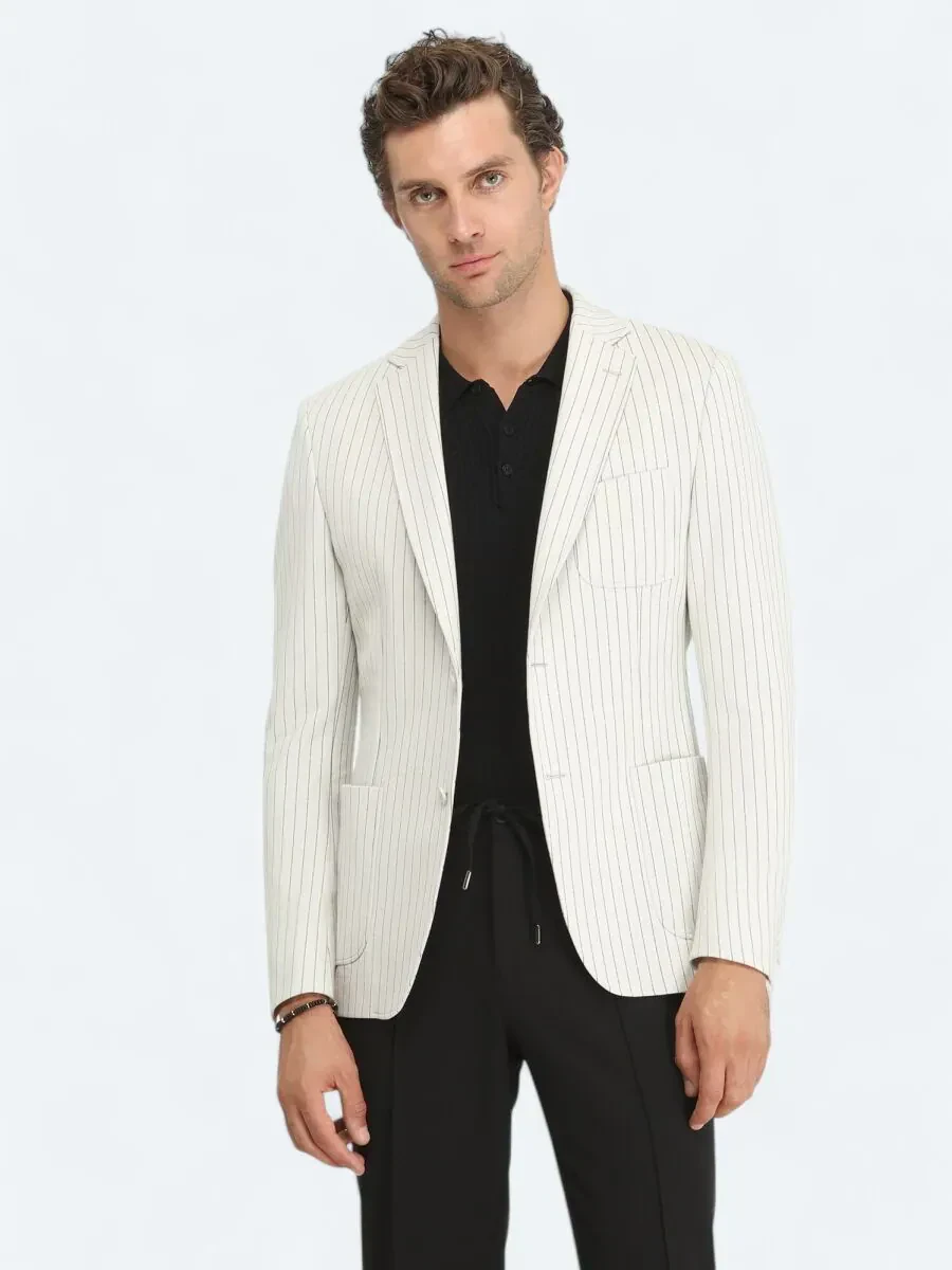 Ecru Striped Modern Fit Cotton Blended Jacket - 2