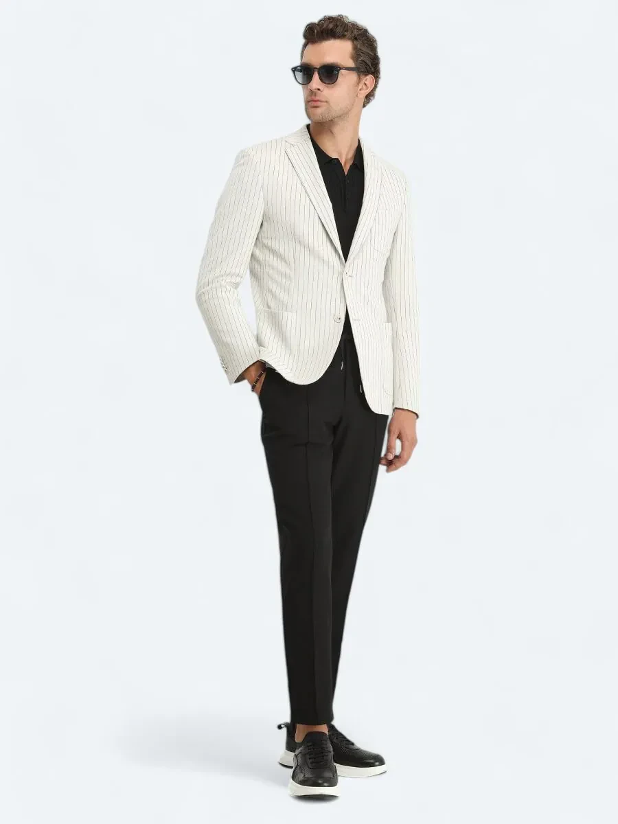 Ecru Striped Modern Fit Cotton Blended Jacket - 3