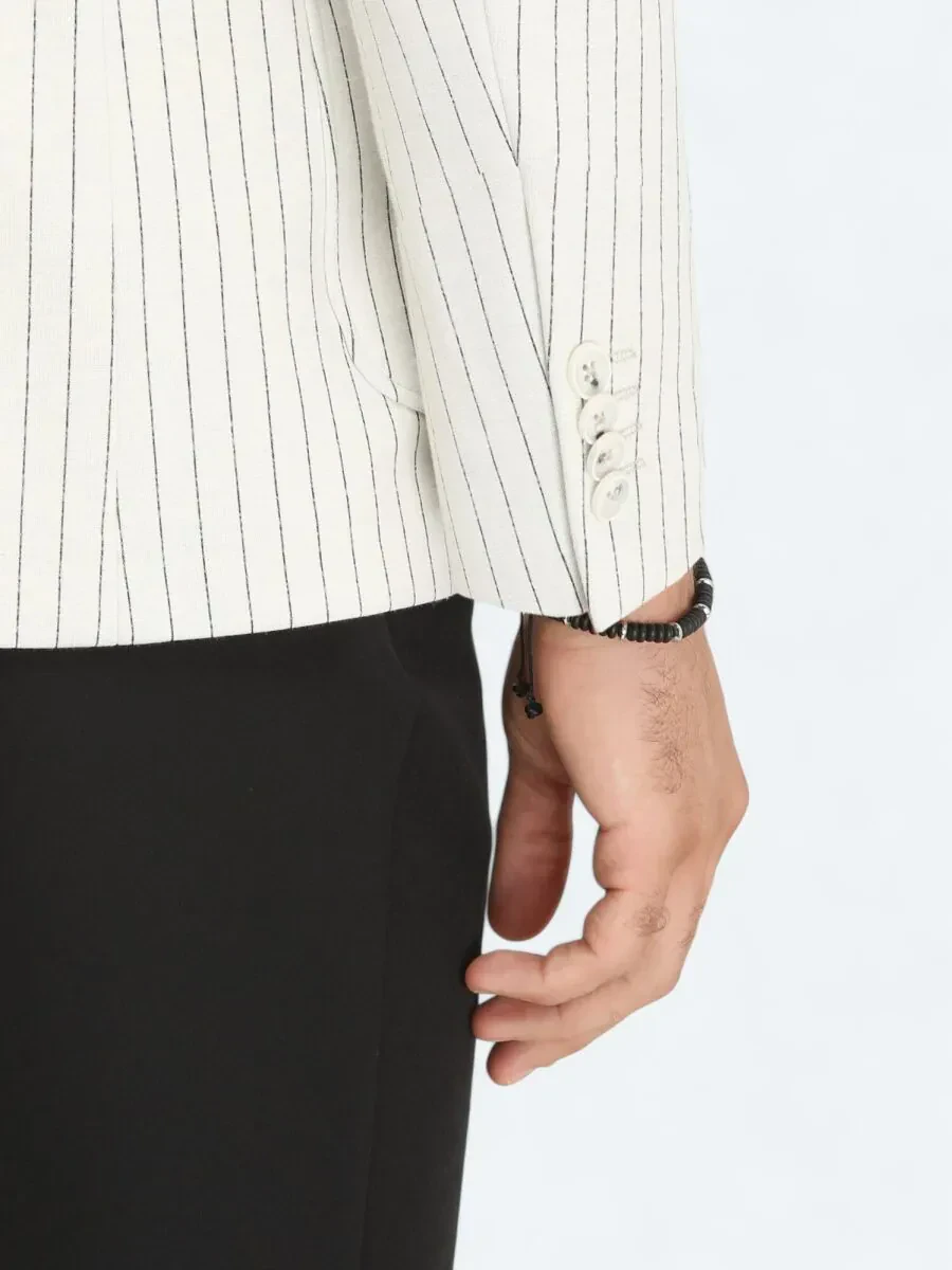 Ecru Striped Modern Fit Cotton Blended Jacket - 6