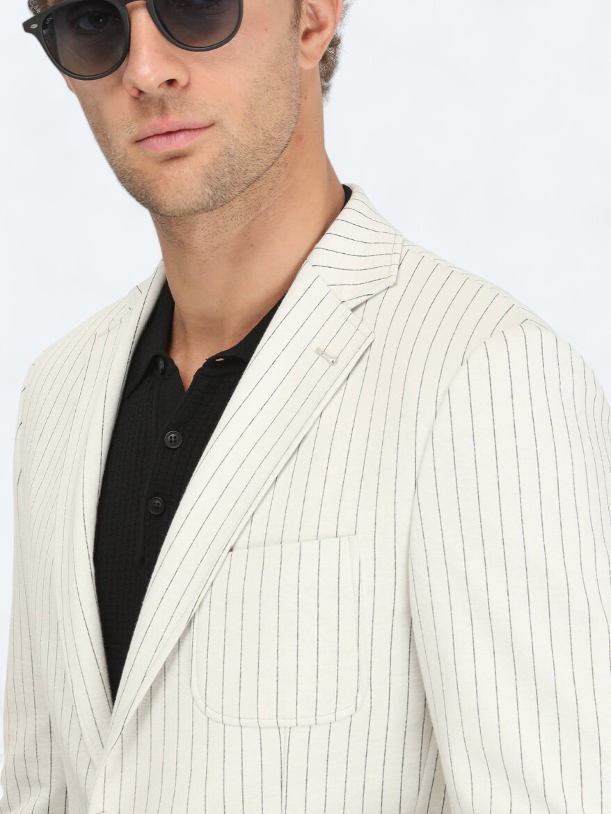 Ecru Striped Modern Fit Cotton Blended Jacket - 4