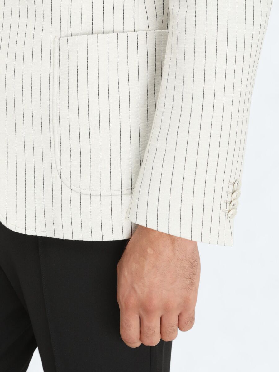 Ecru Striped Modern Fit Cotton Blended Jacket - 5
