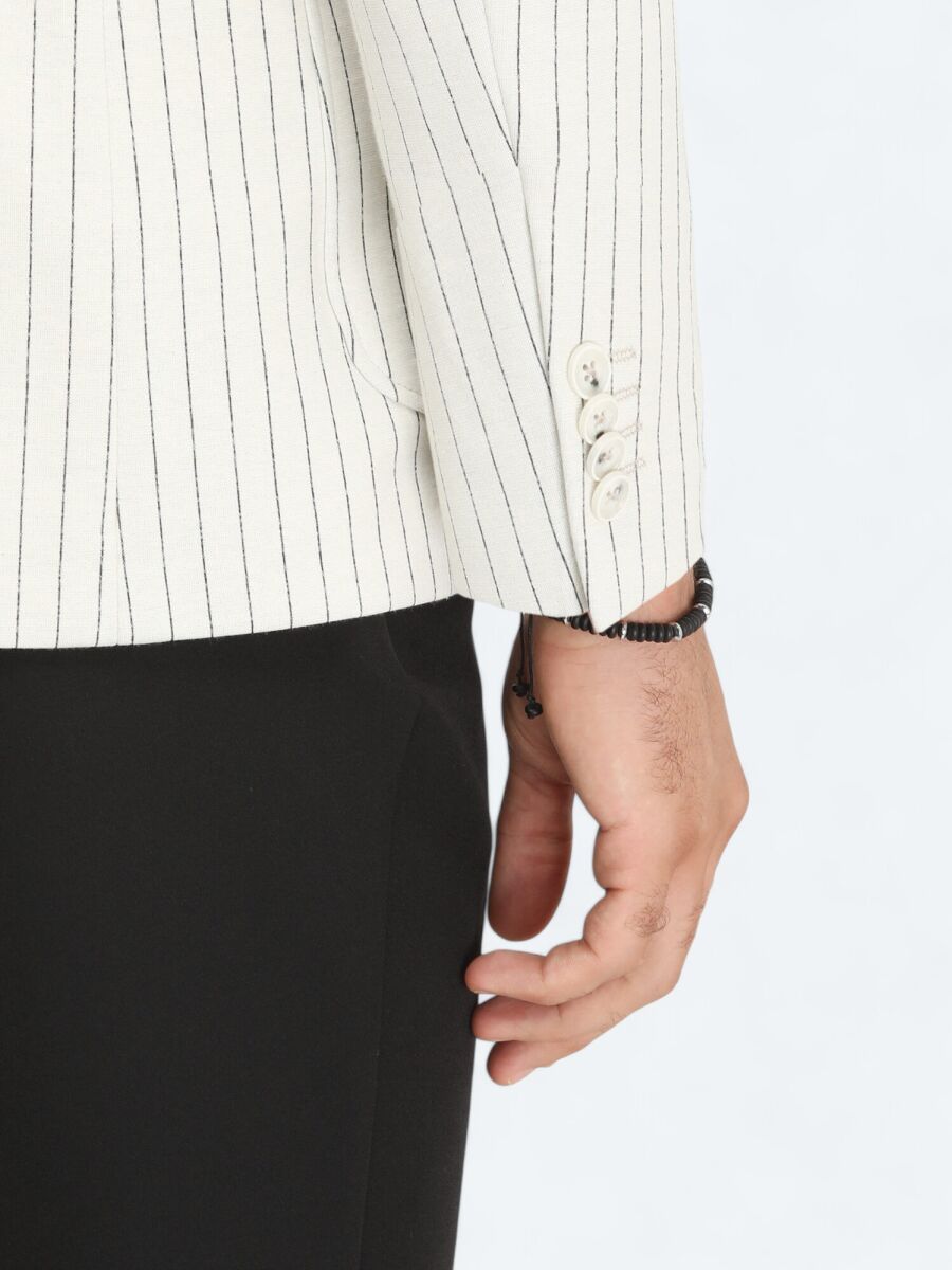 Ecru Striped Modern Fit Cotton Blended Jacket - 6