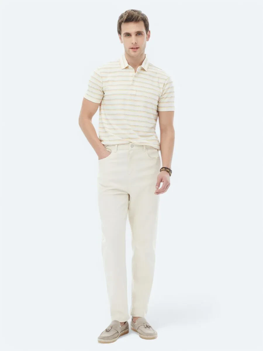 Ecru Striped Polo Neck Cotton Blended T-Shirt - 2