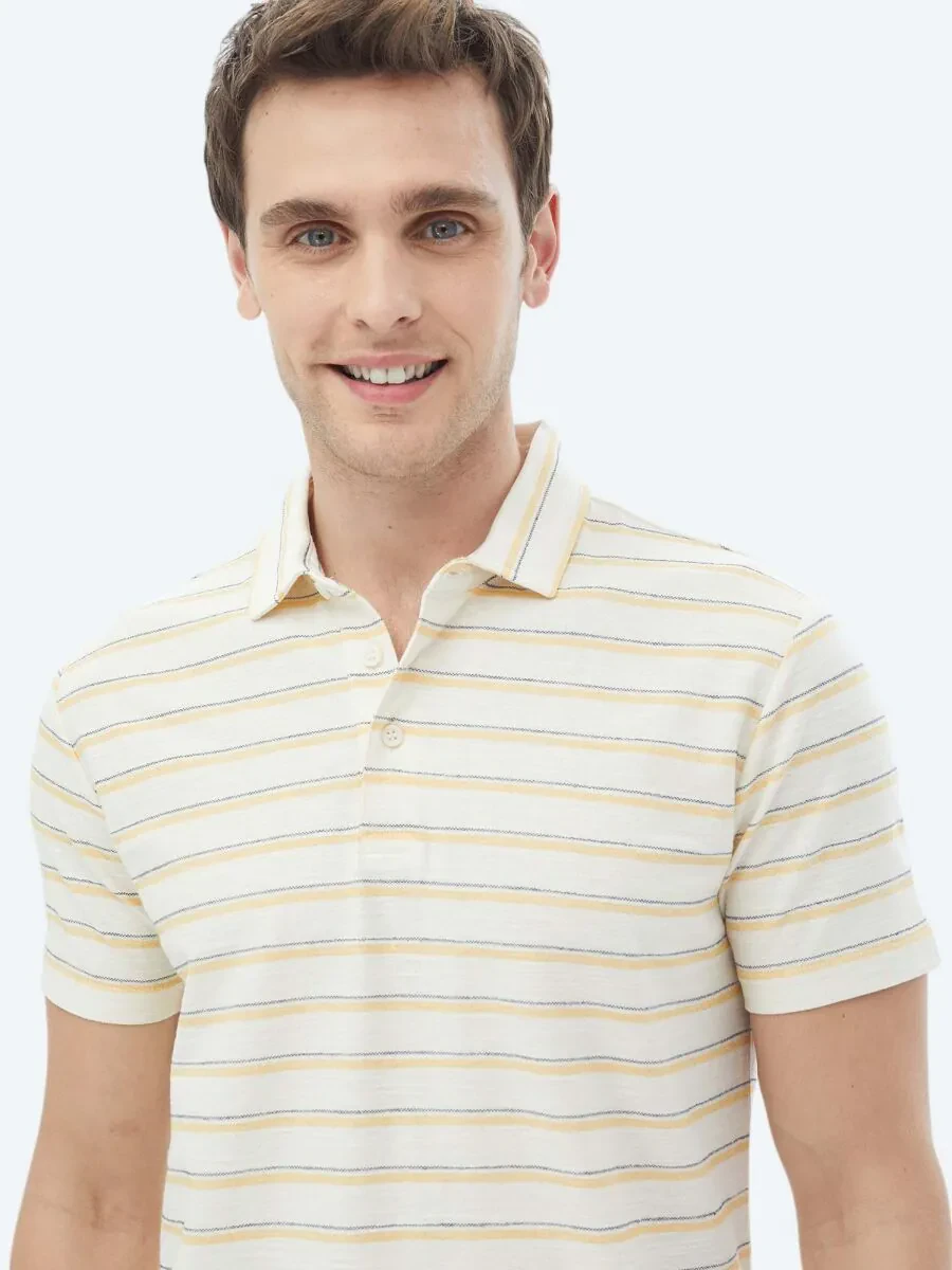 Ecru Striped Polo Neck Cotton Blended T-Shirt - 3