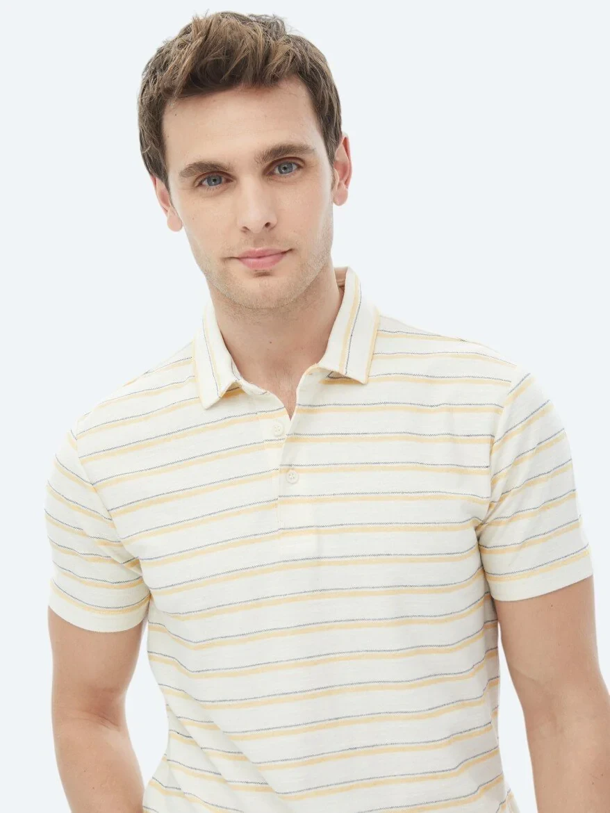 Ecru Striped Polo Neck Cotton Blended T-Shirt - 4