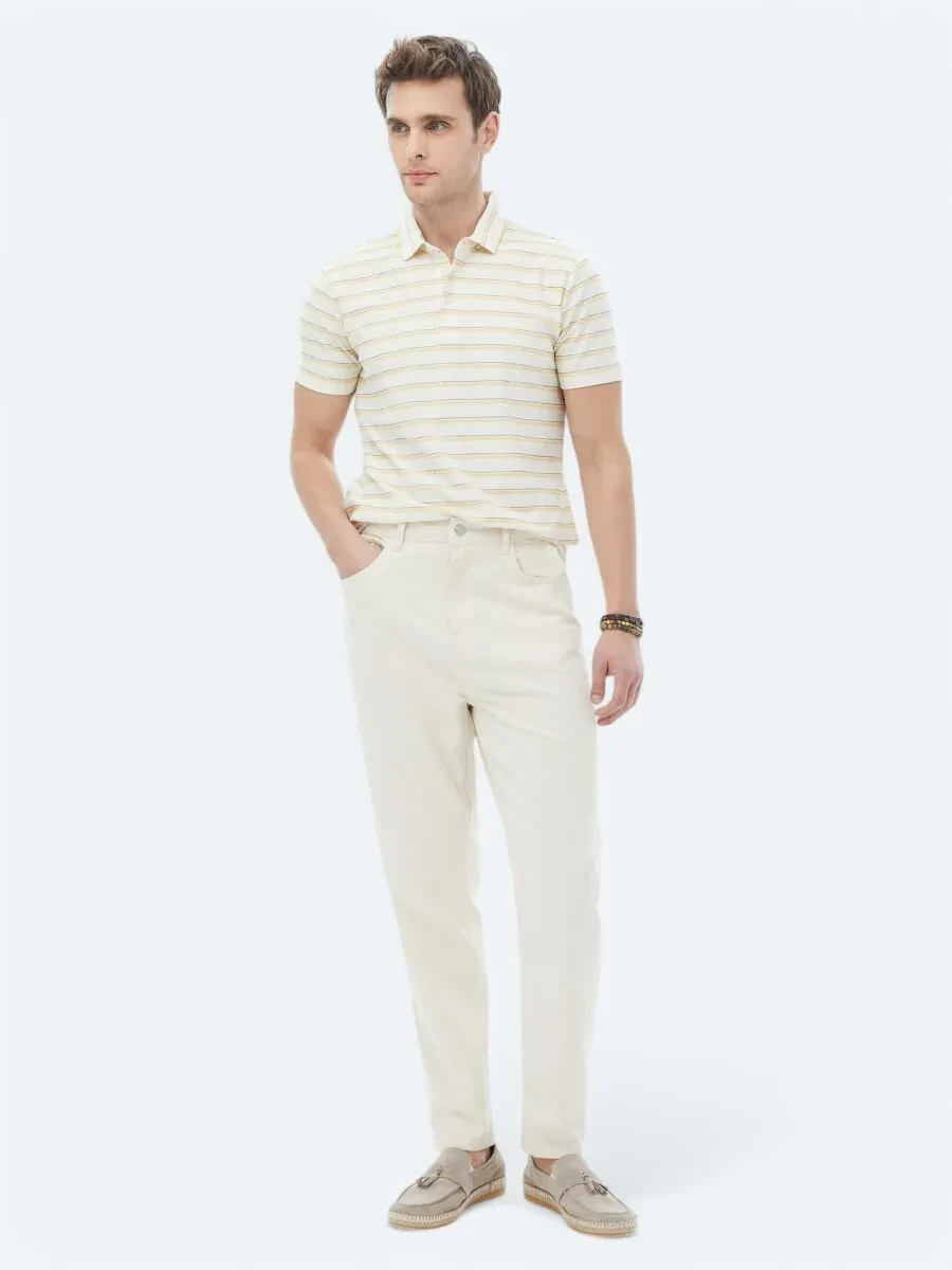 Ecru Striped Polo Neck Cotton Blended T-Shirt - 5