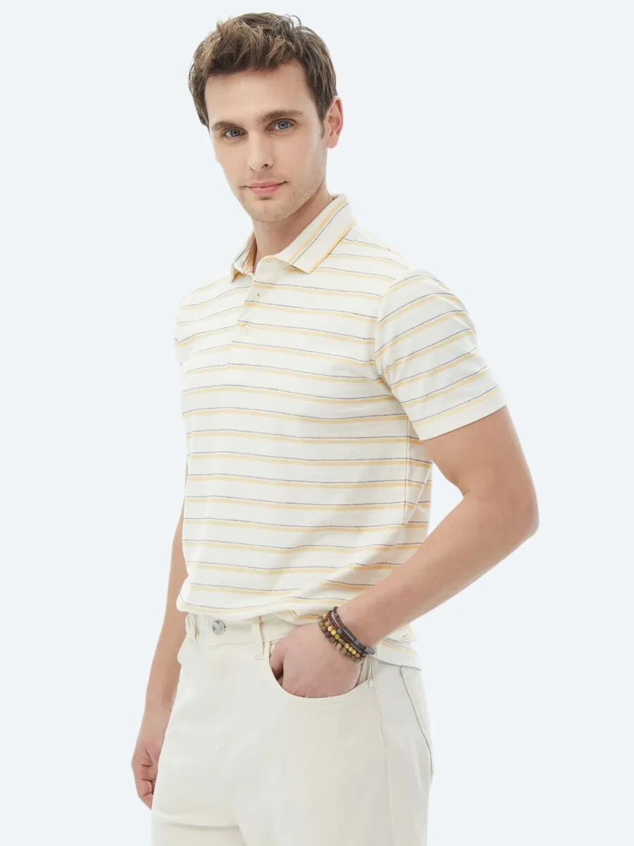 Ecru Striped Polo Neck Cotton Blended T-Shirt - 6