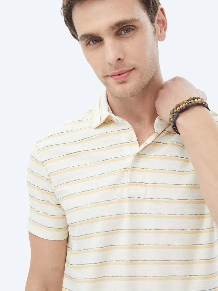 Ecru Striped Polo Neck Cotton Blended T-Shirt - 7