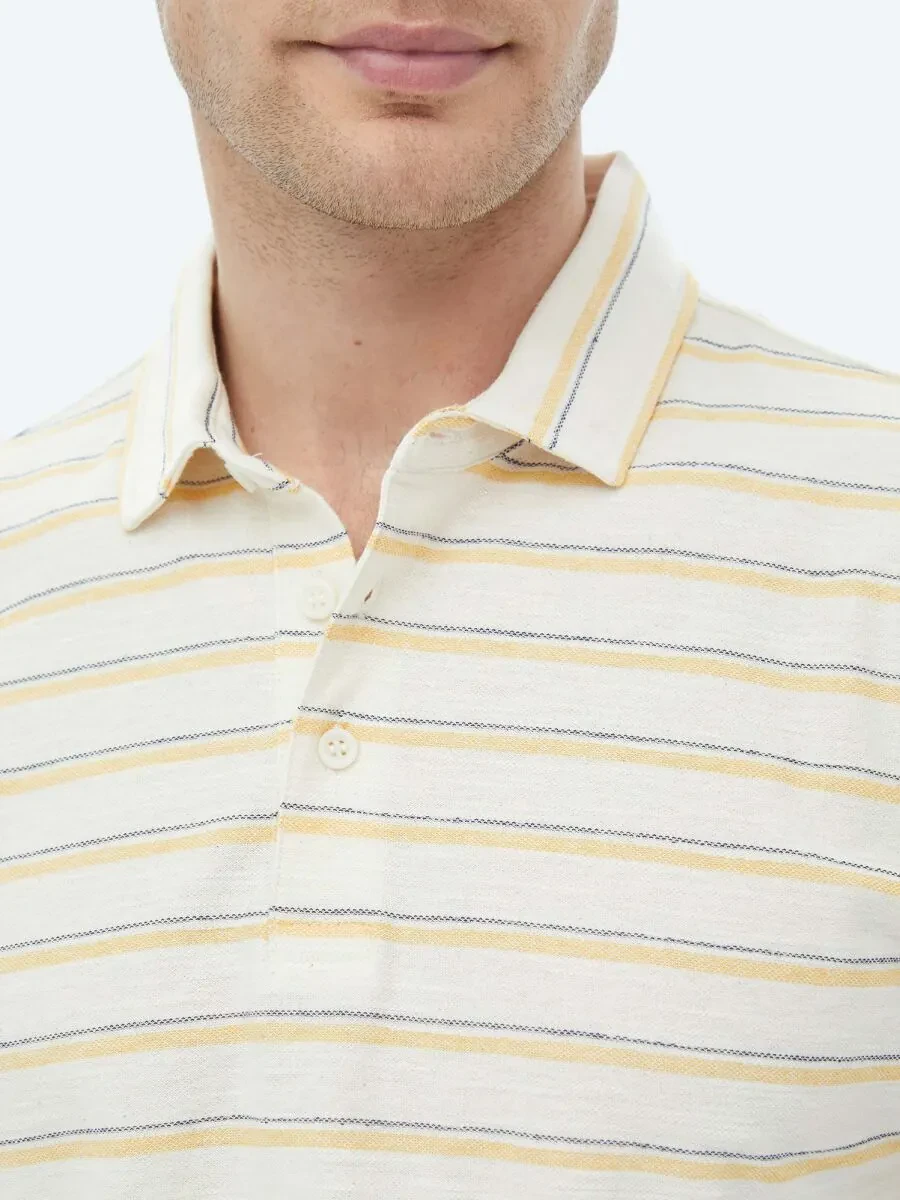 Ecru Striped Polo Neck Cotton Blended T-Shirt - 8