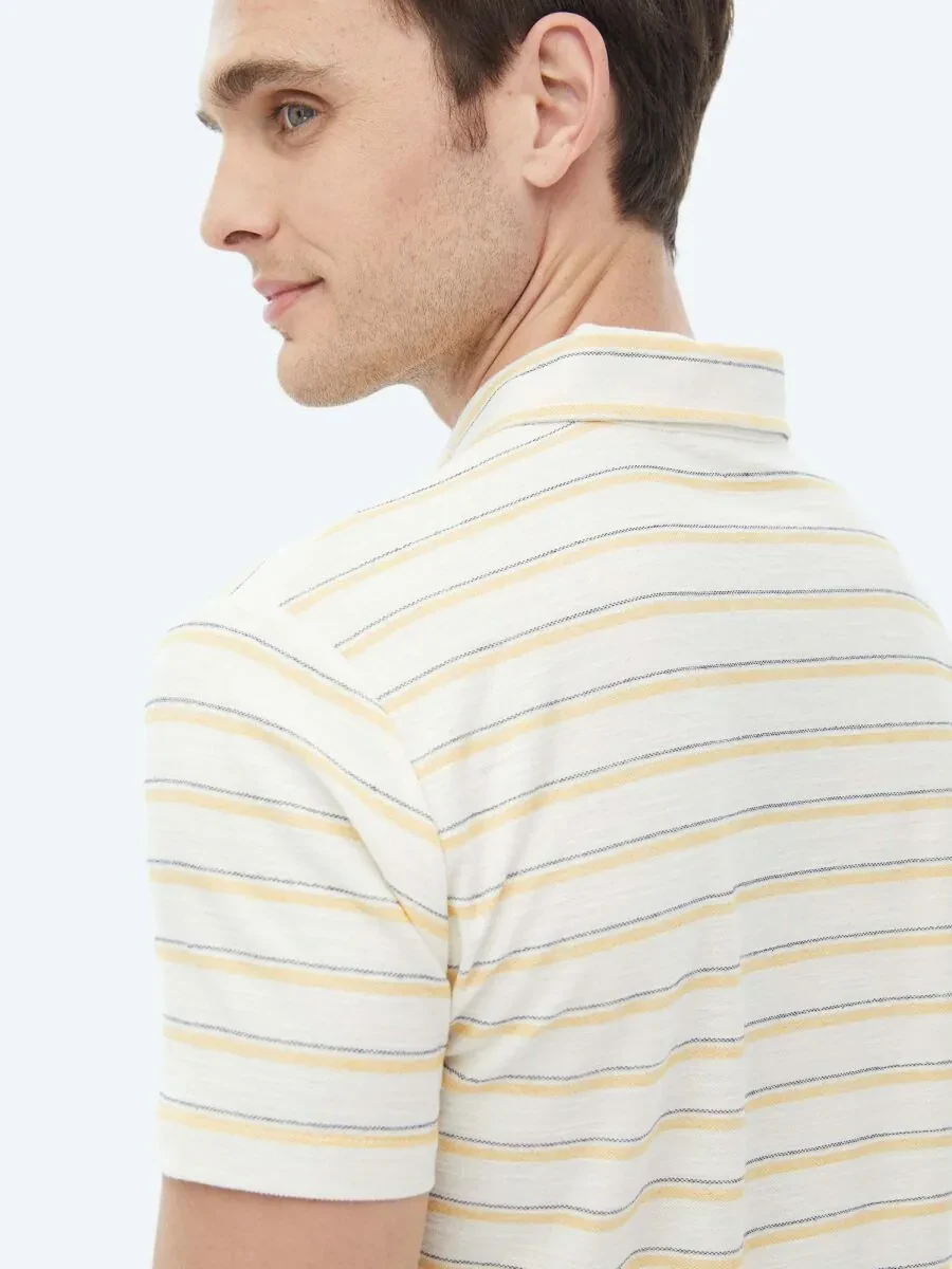 Ecru Striped Polo Neck Cotton Blended T-Shirt - 9