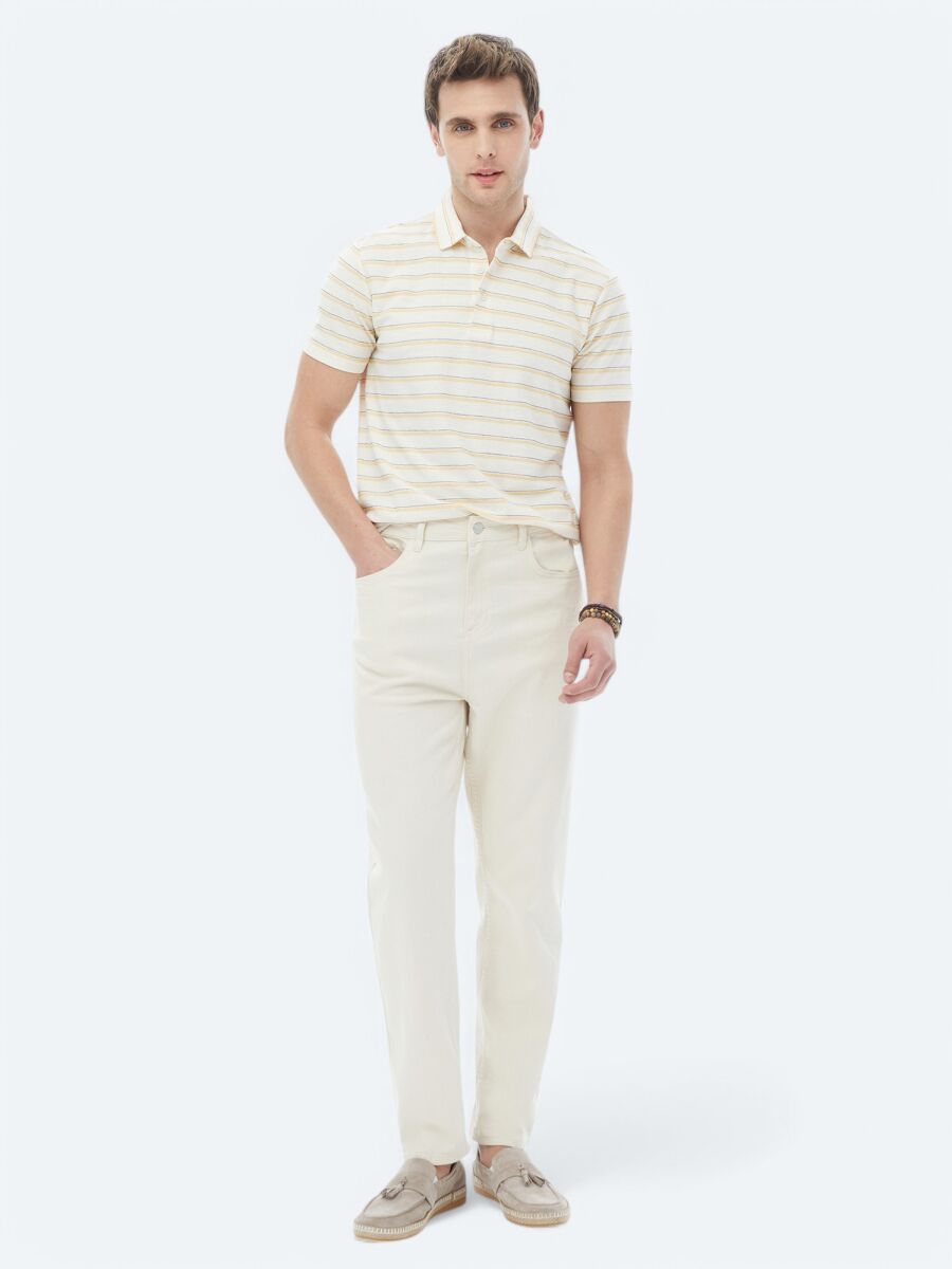 Ecru Striped Polo Neck Cotton Blended T-Shirt - 2