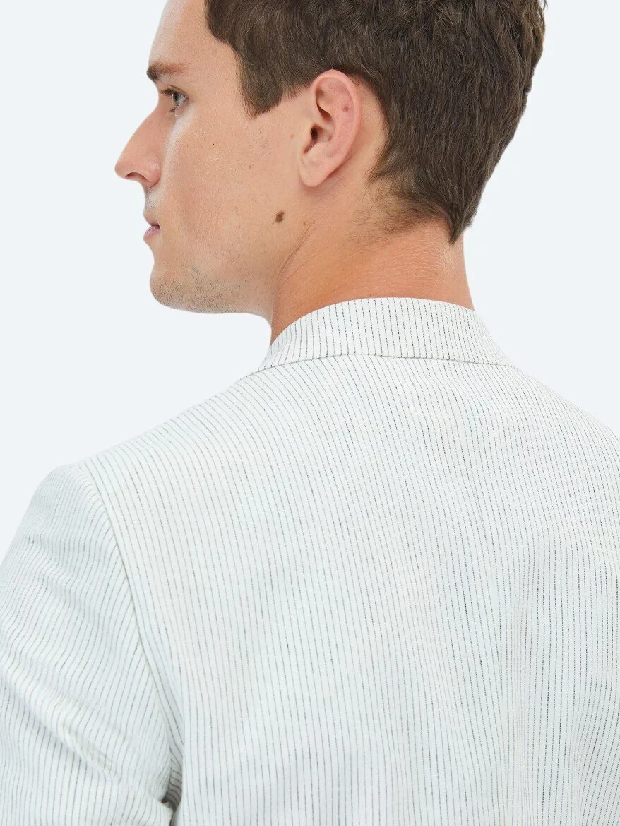 Ecru Striped Slim Fit Cotton Blended Suit - 10
