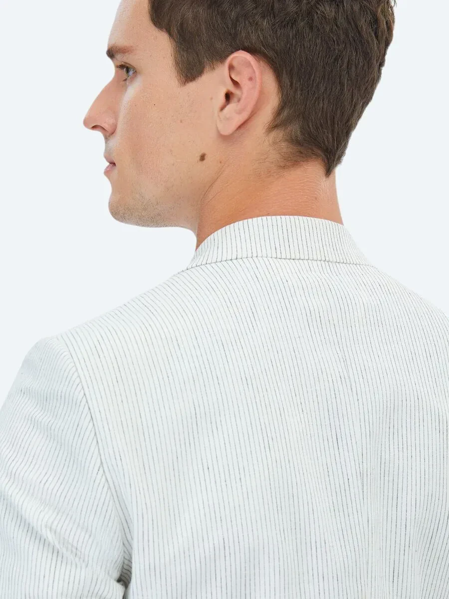 Ecru Striped Slim Fit Cotton Blended Suit - 10