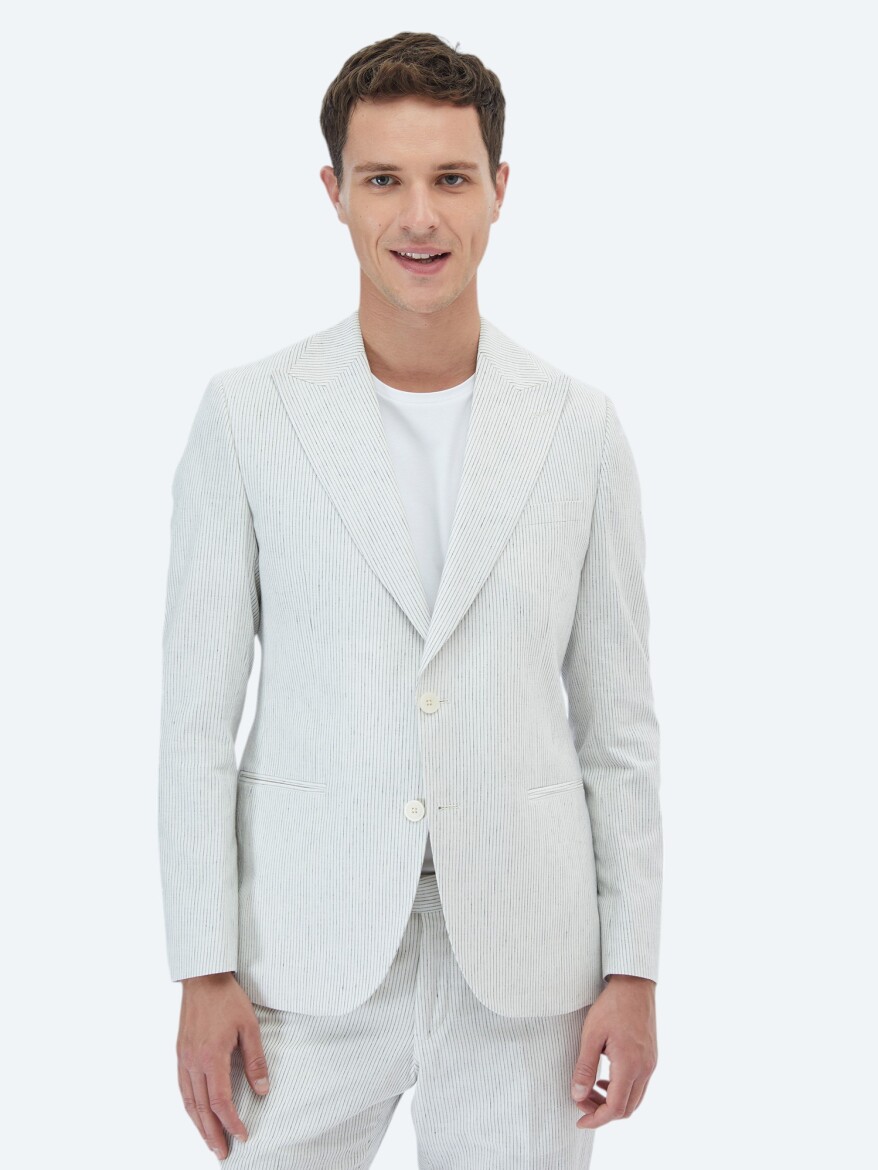 Ecru Striped Slim Fit Cotton Blended Suit - 1