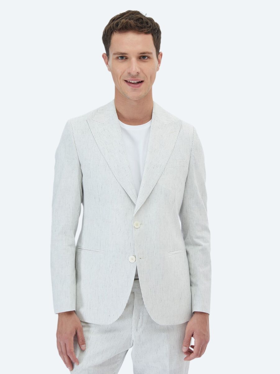 Ecru Striped Slim Fit Cotton Blended Suit - 1