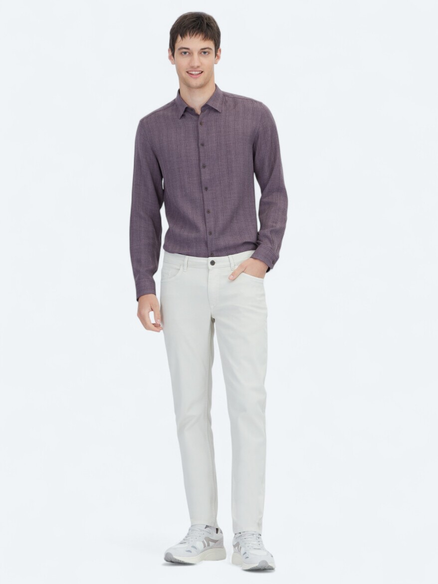 Ecru Weaving Slim Fit Casual Cotton Blended Trousers 