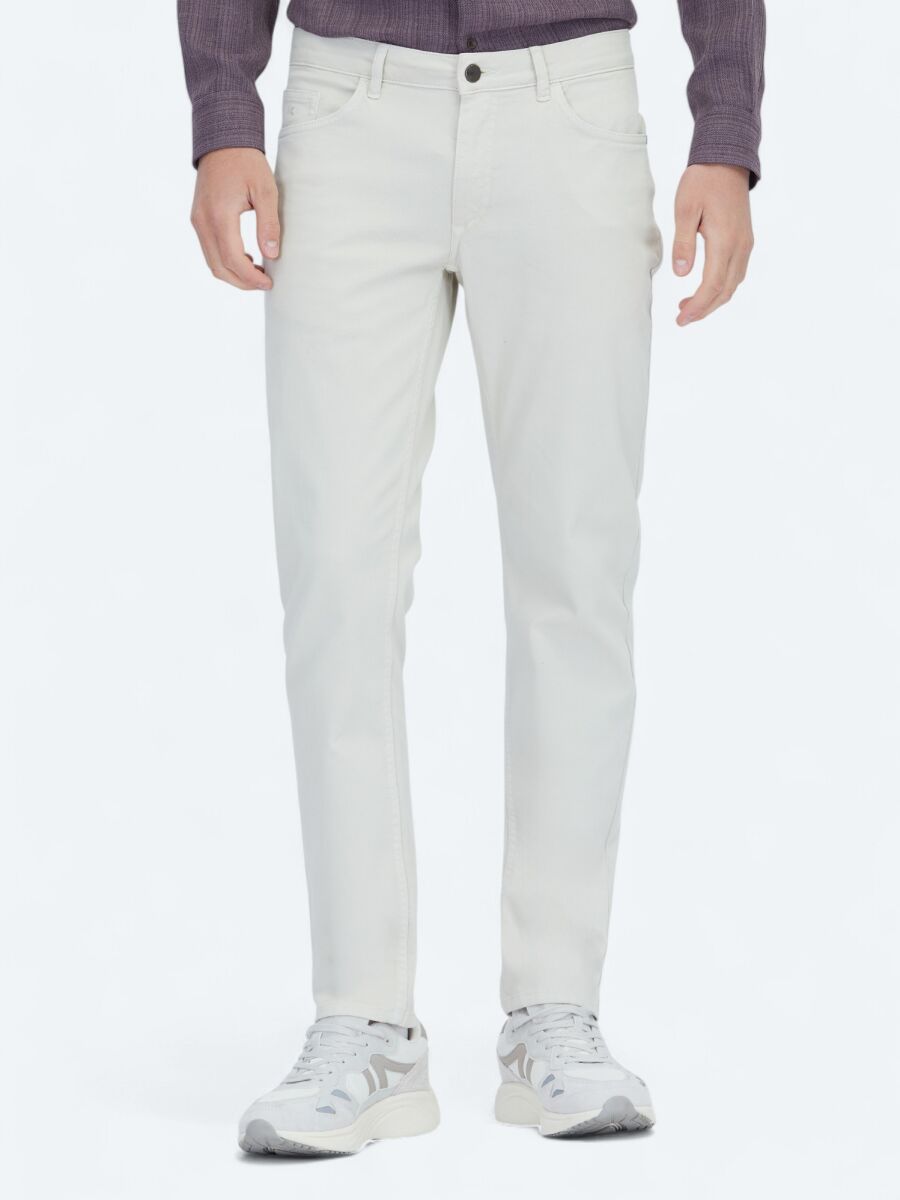 Ecru Weaving Slim Fit Casual Cotton Blended Trousers - 2