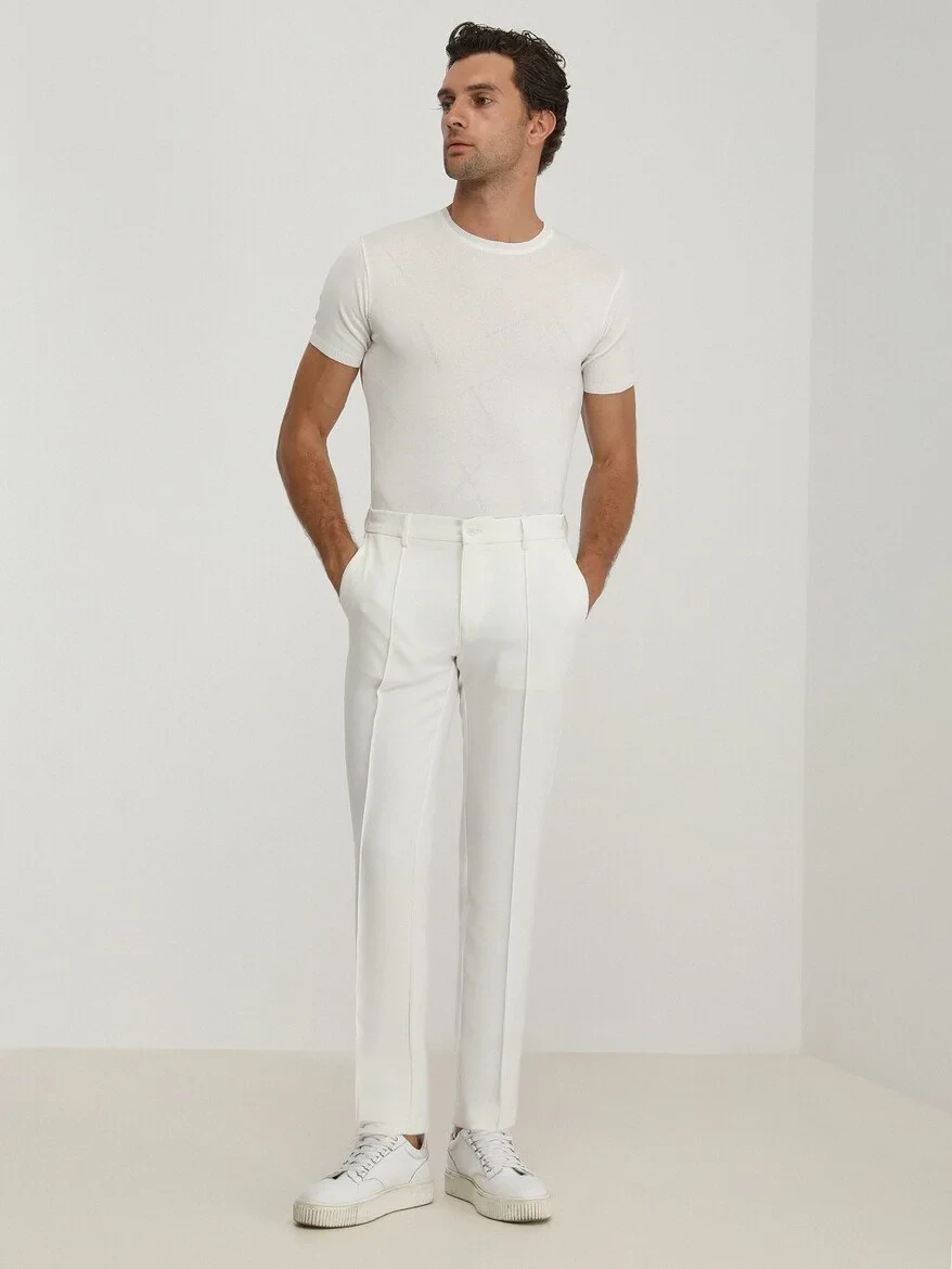 Ecru Weaving Slim Fit Casual Trousers - 2