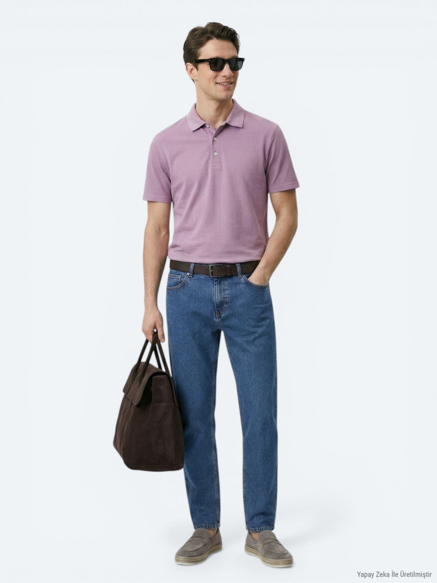 Eflatun Düz Polo Yaka %100 Pamuk T-Shirt - 3
