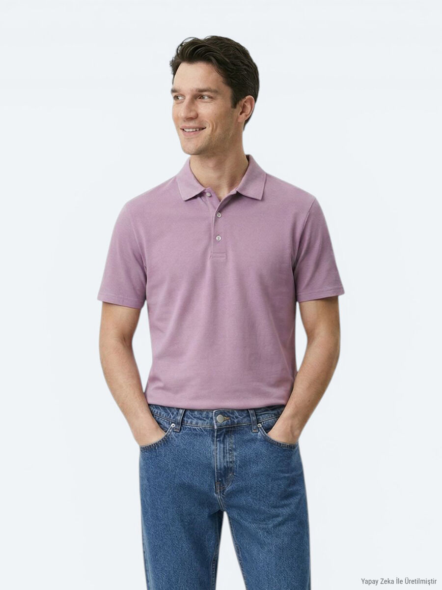 Eflatun Düz Polo Yaka %100 Pamuk T-Shirt - 5