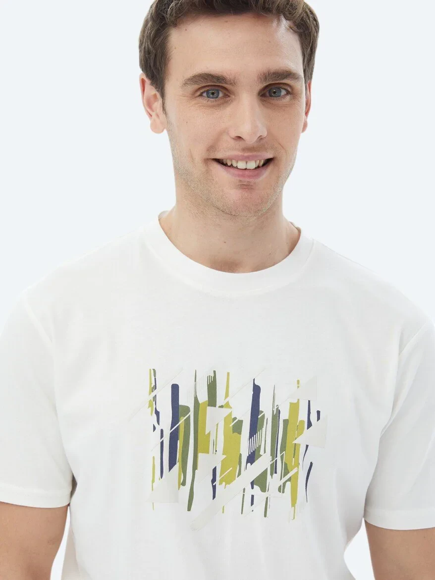 Ekru Baskılı Bisiklet Yaka %100 Pamuk T-Shirt - KİP