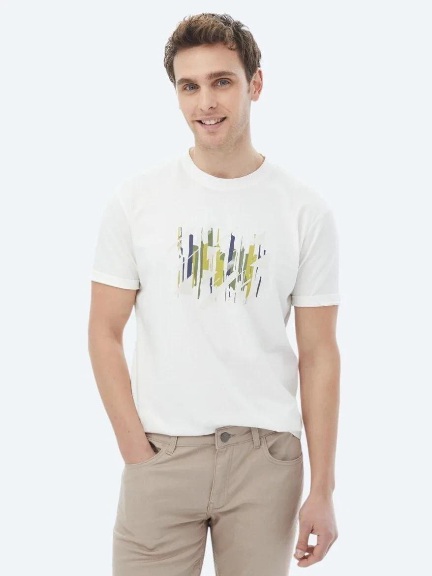 Ekru Baskılı Bisiklet Yaka %100 Pamuk T-Shirt - KİP