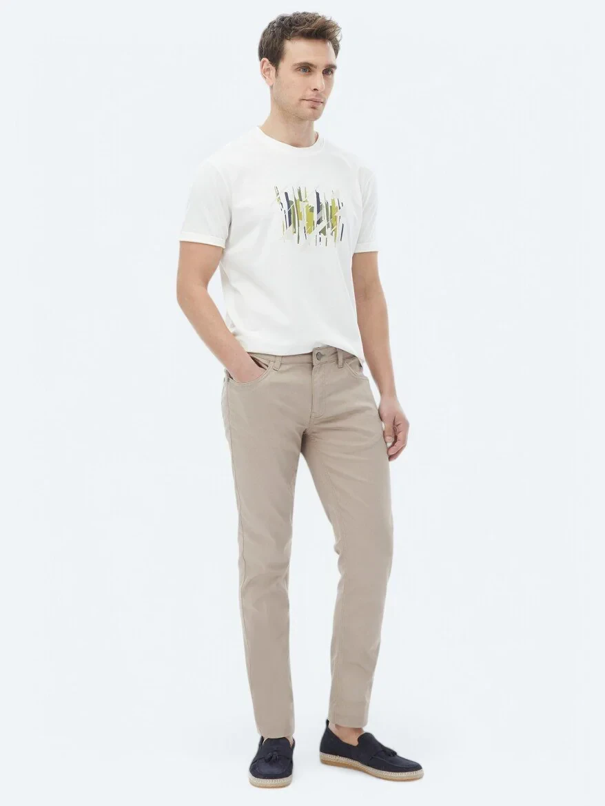 Ekru Baskılı Bisiklet Yaka %100 Pamuk T-Shirt - KİP