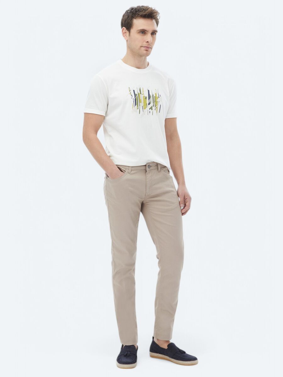 Ekru Baskılı Bisiklet Yaka %100 Pamuk T-Shirt - 4