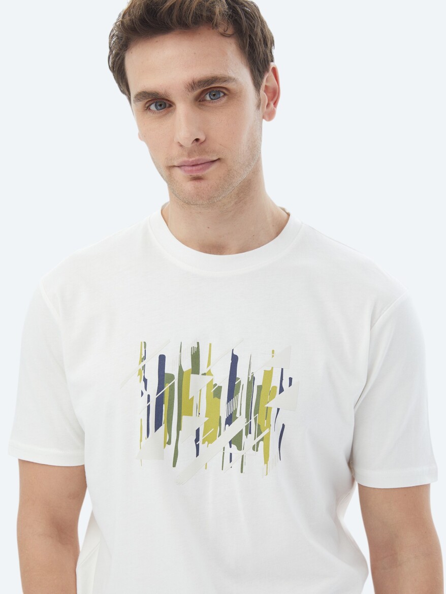 Ekru Baskılı Bisiklet Yaka %100 Pamuk T-Shirt - 5