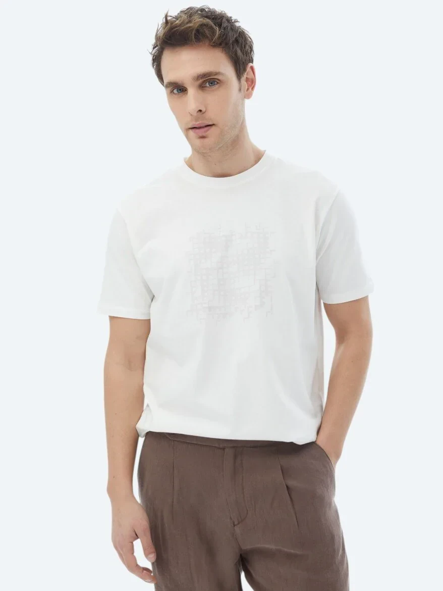 Ekru Baskılı Bisiklet Yaka %100 Pamuk T-Shirt - KİP