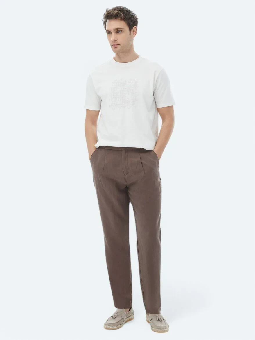 Ekru Baskılı Bisiklet Yaka %100 Pamuk T-Shirt - KİP