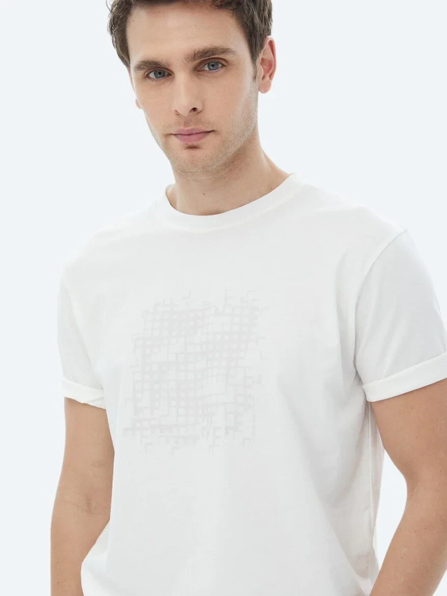 Ekru Baskılı Bisiklet Yaka %100 Pamuk T-Shirt - KİP