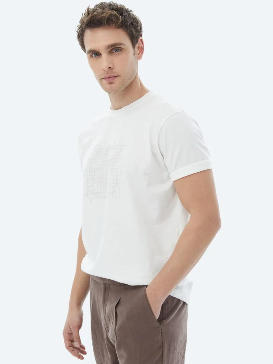 Ekru Baskılı Bisiklet Yaka %100 Pamuk T-Shirt 