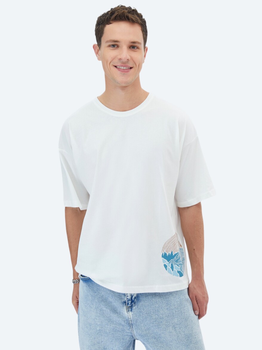 Ekru Baskılı Bisiklet Yaka %100 Pamuk T-Shirt - KİP
