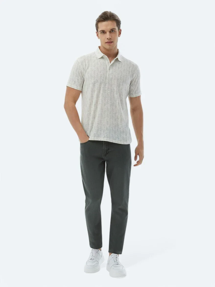 Ekru Baskılı Polo Yaka Pamuk Karışımlı T-Shirt - 2