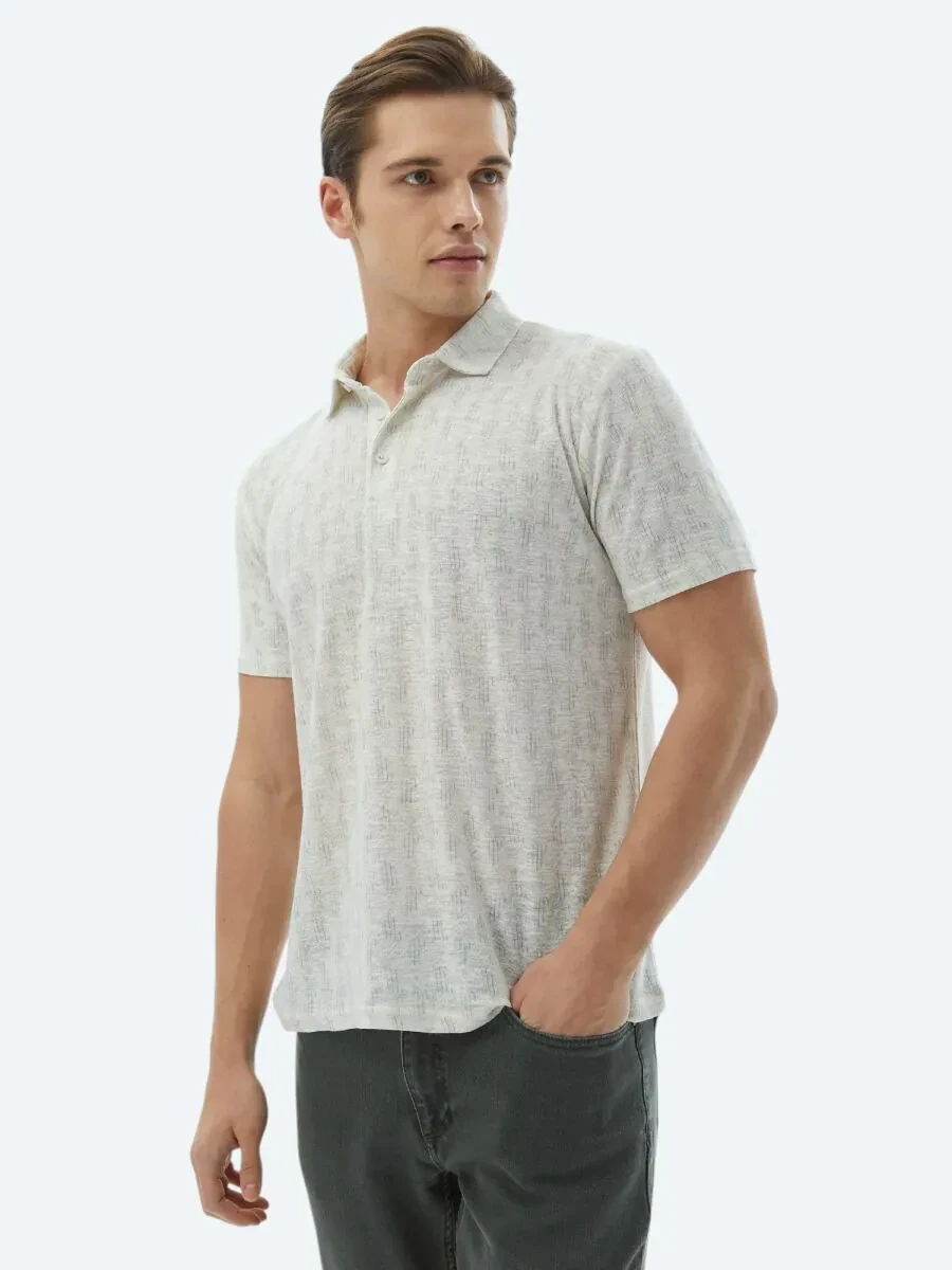 Ekru Baskılı Polo Yaka Pamuk Karışımlı T-Shirt - 3