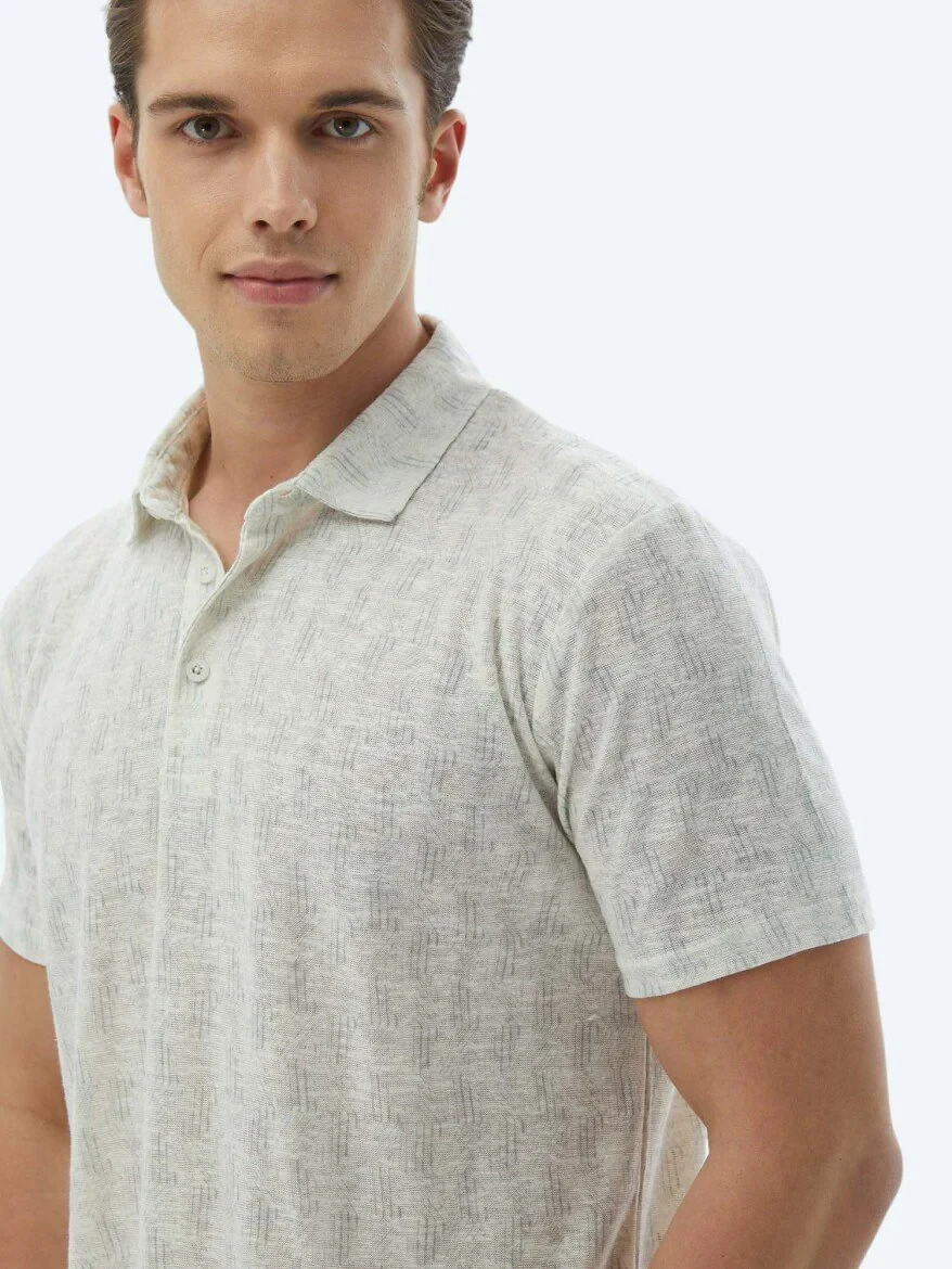 Ekru Baskılı Polo Yaka Pamuk Karışımlı T-Shirt - 4