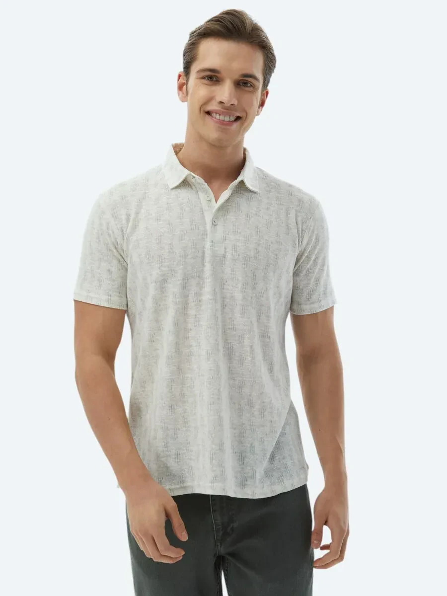 Ekru Baskılı Polo Yaka Pamuk Karışımlı T-Shirt - 5