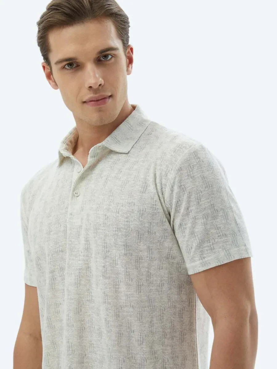 Ekru Baskılı Polo Yaka Pamuk Karışımlı T-Shirt - 6
