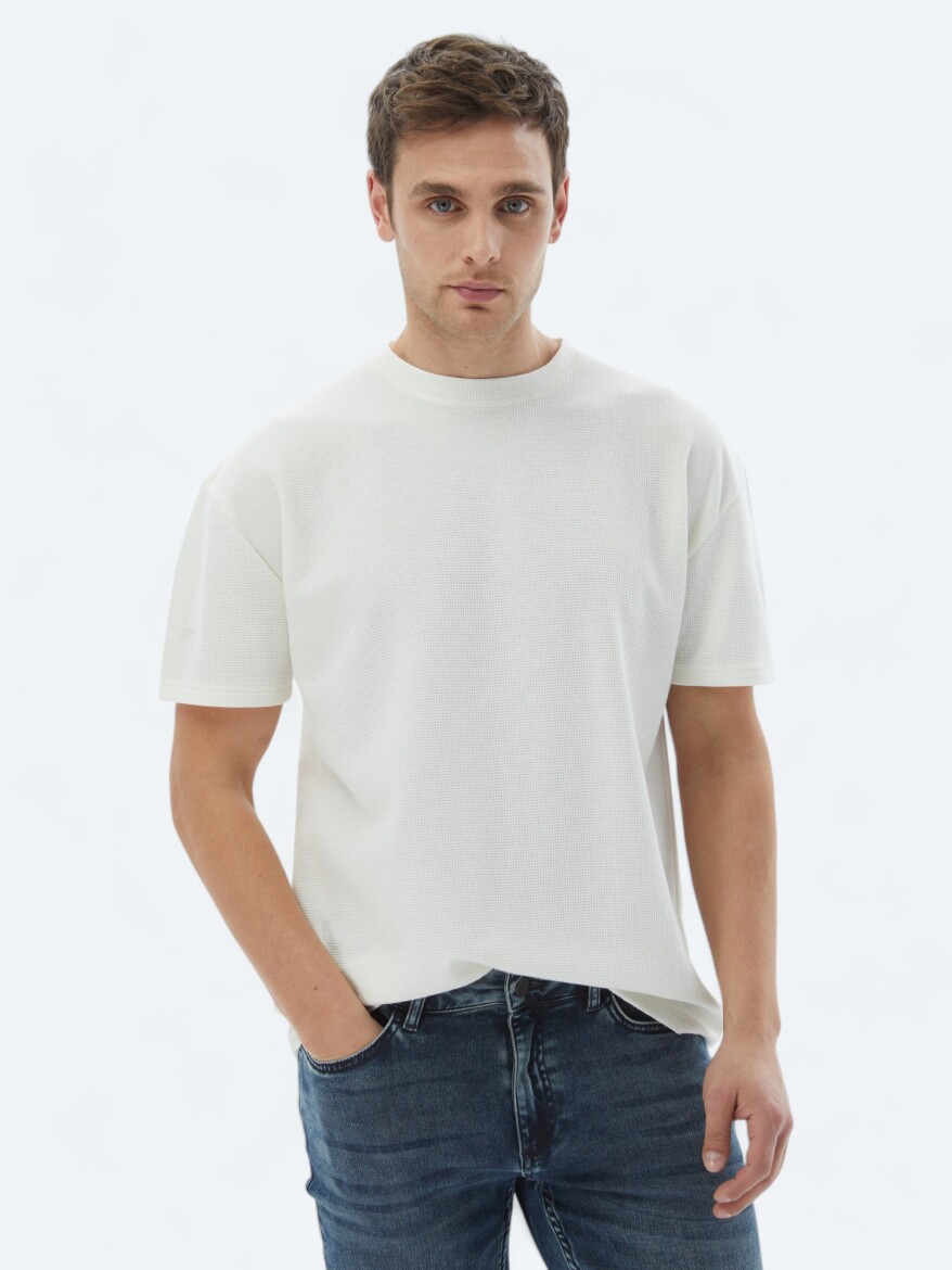 Ekru Bisiklet Yaka %100 Pamuk T-Shirt - 1