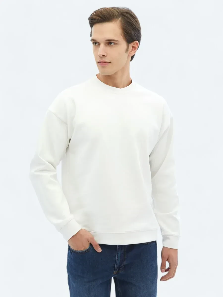 Ekru Bisiklet Yaka Baskılı Çift Taraflı Sweatshırt - 2