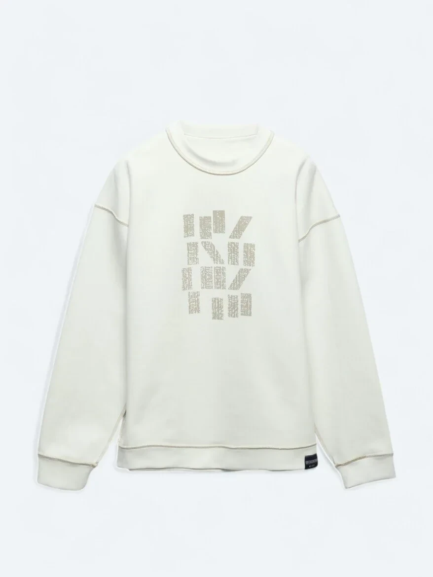 Ekru Bisiklet Yaka Baskılı Çift Taraflı Sweatshırt - 12